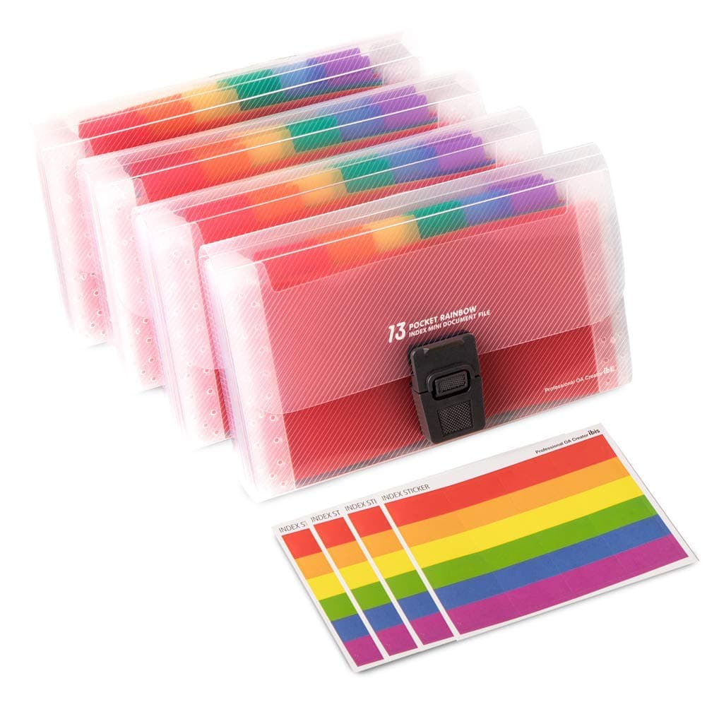 xutong4 Pack Mini Document File A6 7.1 x 4.45 x 1.1 Inch Rainbow Expanding Folder 13 Pocket File Organizer 12 Labels Index