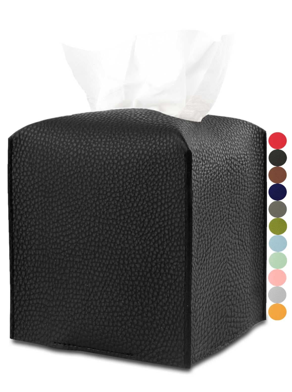 Leather Tissue Box Cover Square – Tissue Holder with Bottom Belt [JESMINI, Black] Aesthetic PU Leather Tissue Box Holder Decorative for Bathroom, Home Office Decor