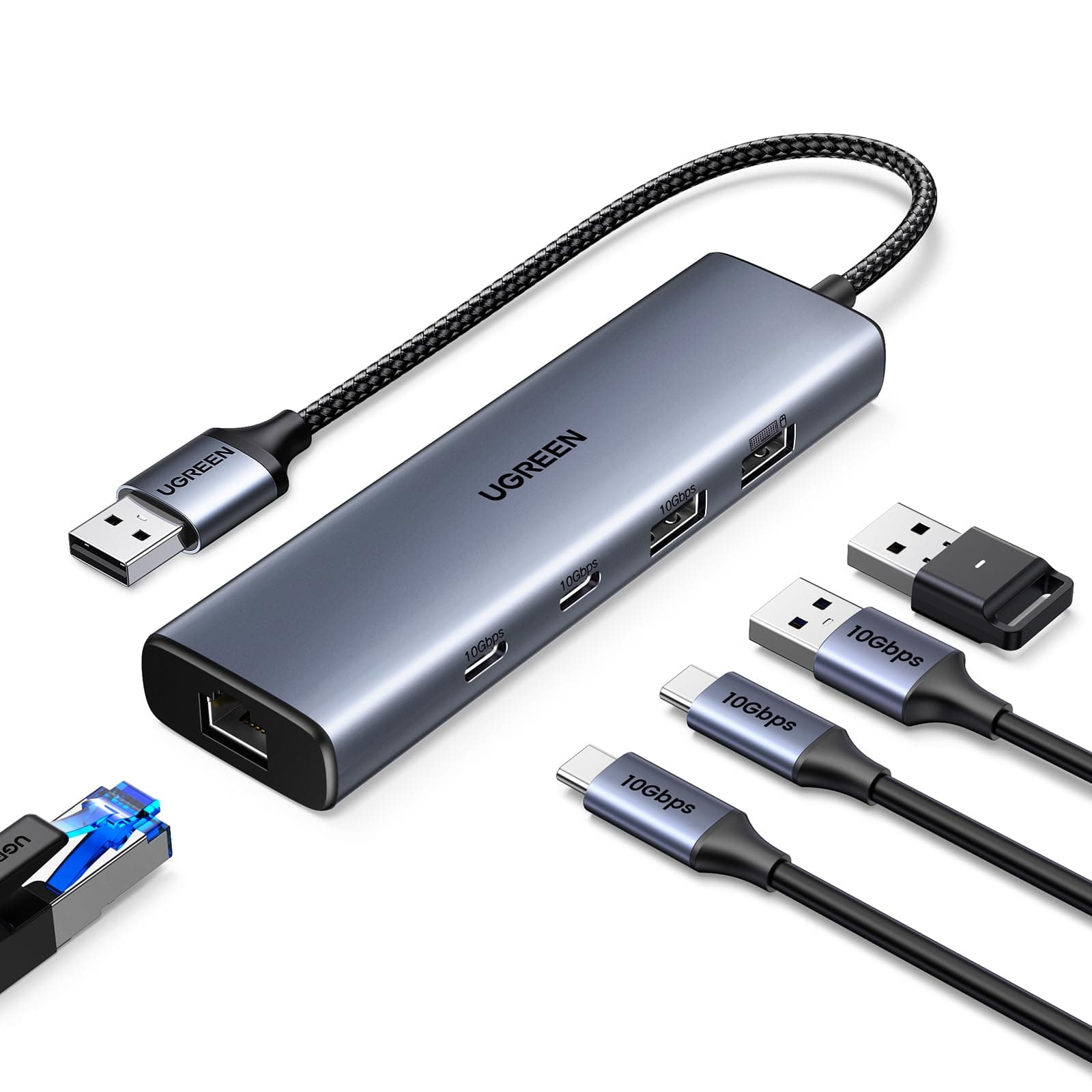 UGREEN USB Hub Ethernet, 10Gbps USB-A 3.2 Ethernet Adapter with 2 x Type Port, 2 x USB-A Port and 1x RJ45 Gigabit LAN Network Adaptor for Laptop, PC, Switch, Xbox, Router, Surface Pro, Steam Deck