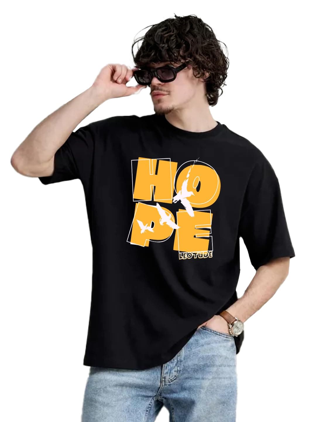 Half Sleeve Oversized Cottonblend Round Neck Drop Shoulder Printed T-Shirt for Men's (Color Black)