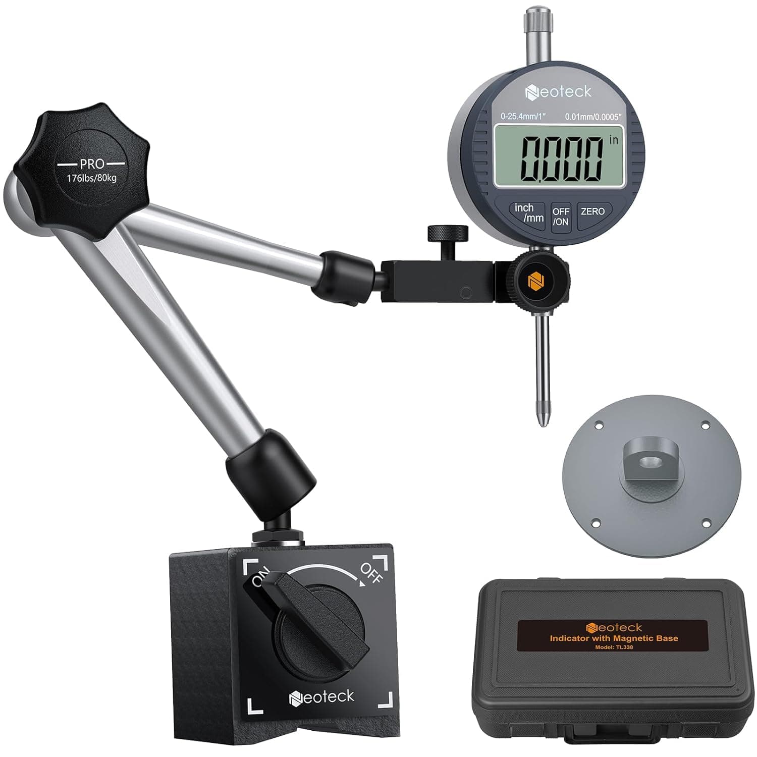 Digital Dial Indicator Gauge and Magnetic Base Set with Storage Case 0-1 inch/ 25.4mm, 0.0005inch/0.01mm Inch/Metric Conversion Measuring Tool for 3D Printer Lathe Workshop Woodworking-Silver