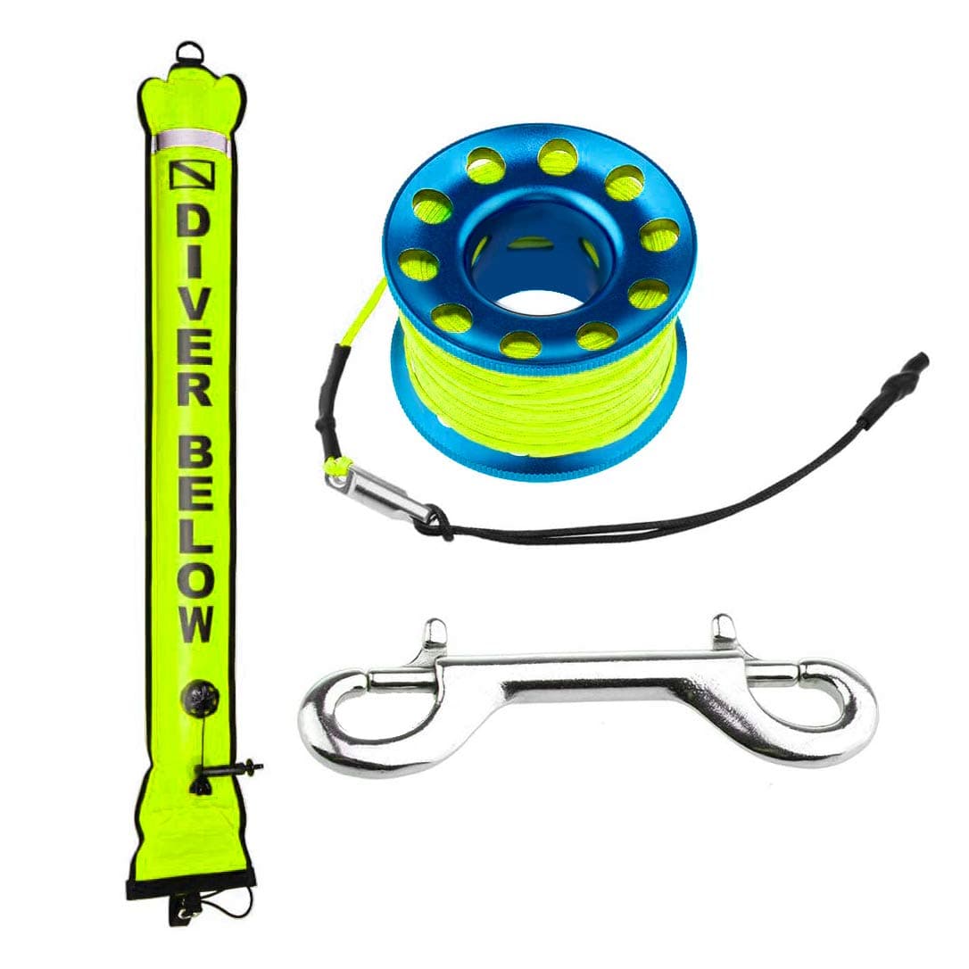 4ft Yellow Scuba Diving SMB, Open Bottom Surface Marker Buoy with Safety Sausage with 49ft Alloy Dive Reel and Double-Ended Bolt Clip for Underwater Sports Blue