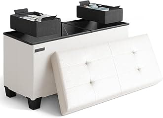 STORAGEBUD Tufted Leather Ottoman Bench with Storage Bins, 30-In, White