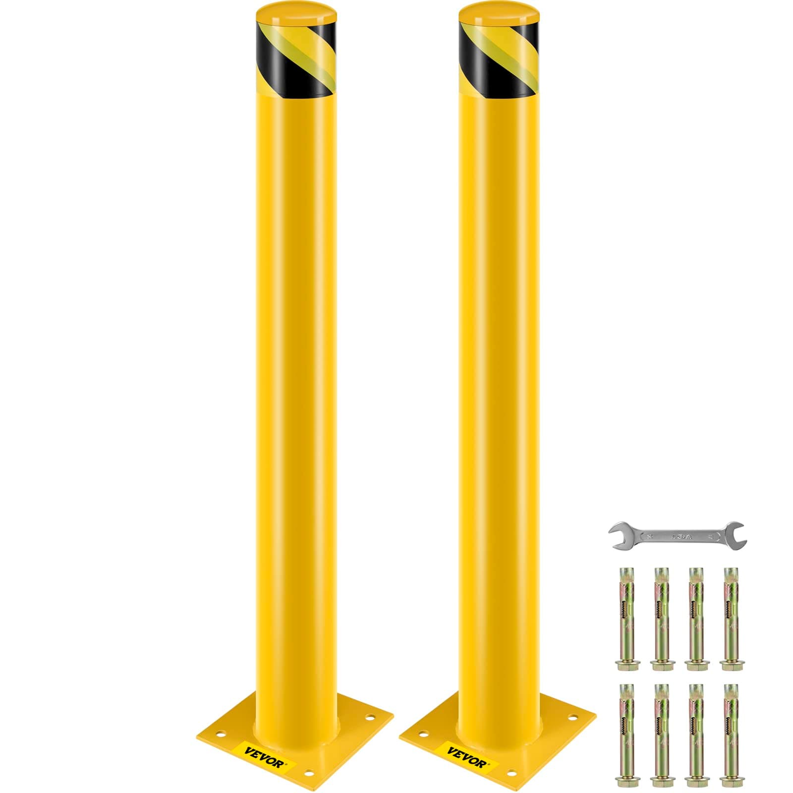 Safety Bollard, 42 Inch Height Bollard Post, 4.5 Inch Diameter Steel Pipe Safety Bollard Post, Yellow Steel Bollard, Steel Safety Bollard with 8 Anchor Bolts, Perfect for Traffic-Sensitive Area