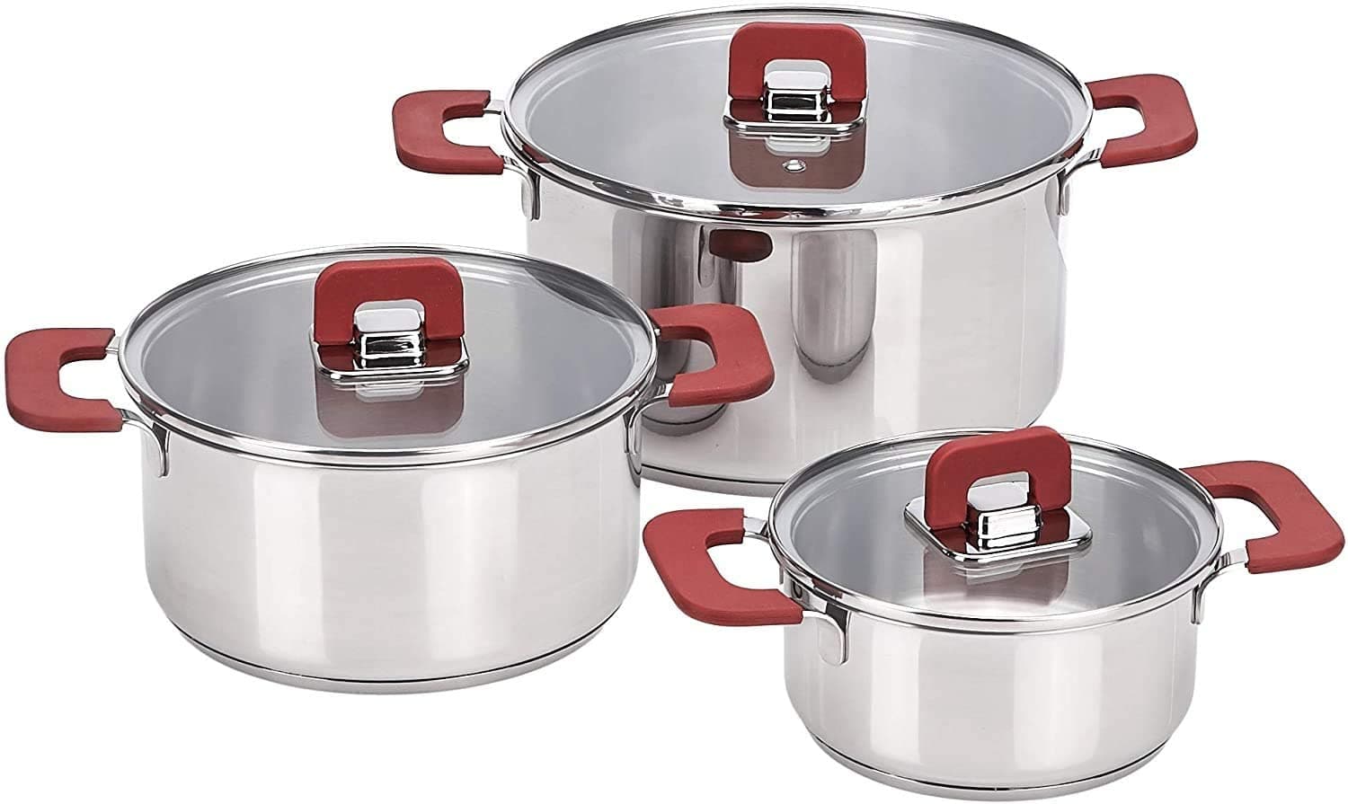 Amazon Basics 3-Piece Stainless Steel Space Saving Induction Cookware Set - Casserole with Stackable Lid, Soft Touch Handle - 16/20/24 cm, 14.56 inches