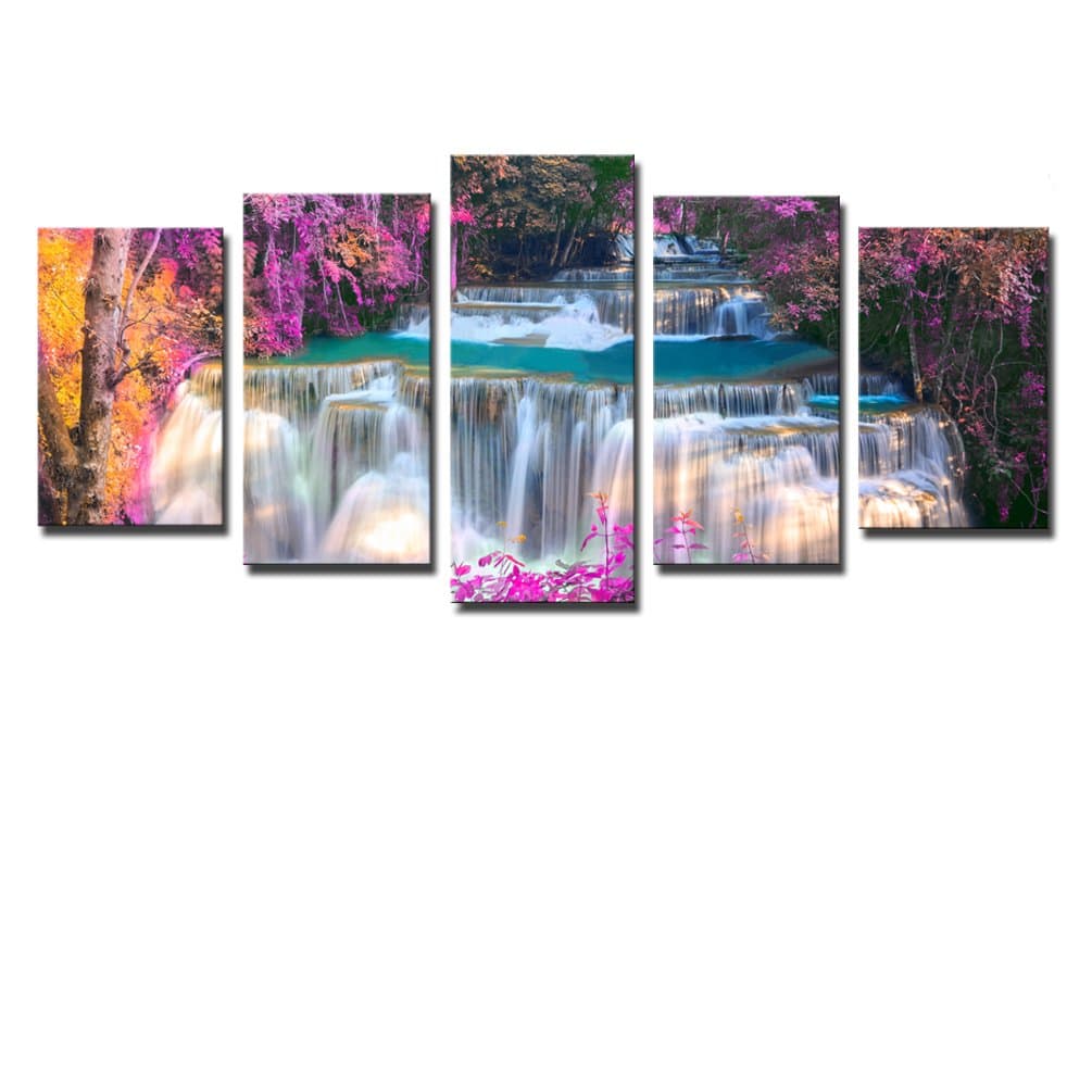 Noah Art-Modern Forest Art Canvas Printing, Spring River Stream Photo Artwork Landscapes Paintings Waterfall Poster Prints on Canvas, Ready to Hang Large 5 Panel Framed Forest Wall Art for Living Room