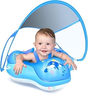 LAYCOL Baby Swimming Float Inflatable Baby Pool Float Ring with Sun Protection Canopy,add Tail no flip Over for Age of 3-36 Months