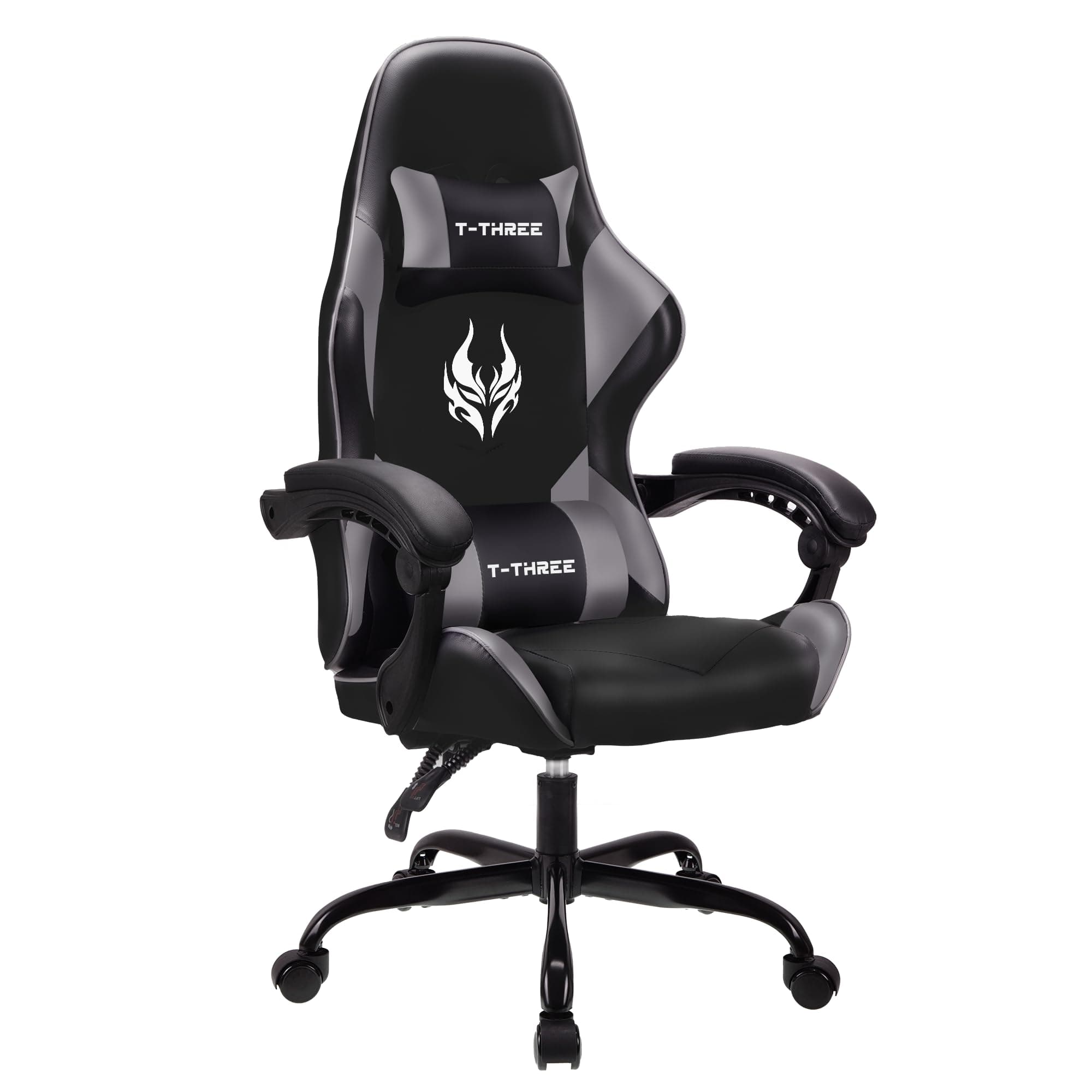 T-THREE.Ergonomic high-back gaming, computer, office, study, swivel, and racing-style chair with adjustable lumbar and headrest support, 150kg weight capacity, ideal for home office(Gray)