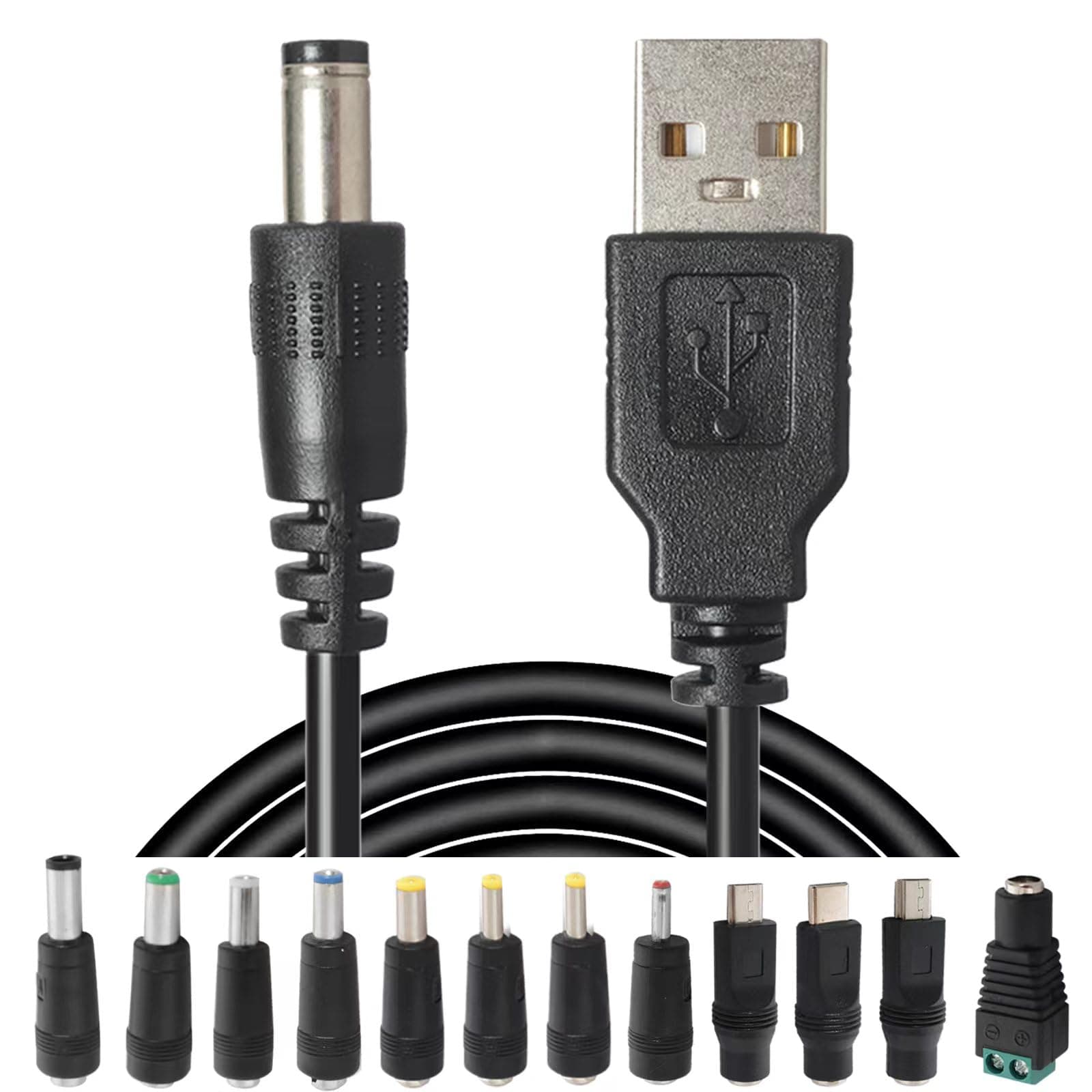 USB to DC Power Charging Cable with 12pcs DC Barrel Jack Universal Power Adapter Tips USB 2.0 to DC 5.5x2.1mm Plug Micro USB Type-C Connector Compatible Flashlight Camera & More