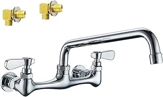 BWE Commercial Kitchen Faucets, Kitchen Sink Faucet, 8 Inch Center with 8" Swivel Spout 2 Handles Backsplash Mounted Sink Faucets Chrome Heavy Duty Brass, Laundry Faucet Restaurant Mixer Tap