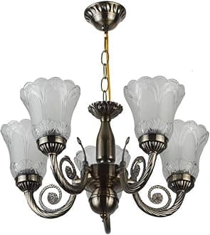 Somil Antique 5-Light Chandelier with Glass Shades, White Lighting Effect, Metal Fitting. LED Compatible. Dia: 48 X 48 X 40 Cm.