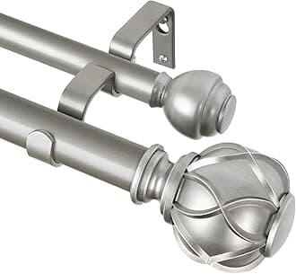 KAMANINA 1 Inch Double Curtain Rods 66 to 120 Inches (5.5-10 Feet) Telescoping Heavy Duty Drapery Rod for Windows 54 to 115, Netted Texture Finials, Antique Silver