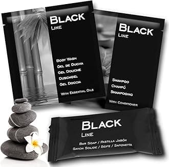 Hotel Amenities Kit | Black Line Pack | Shower Gel + Shampoo + Soap Bar Set | Bulk Buy 100 Units x 3 | Travel Size Toiletries | Paraben Free | Miniatures for Apartment, AirBnB, B&B, Let, Guests