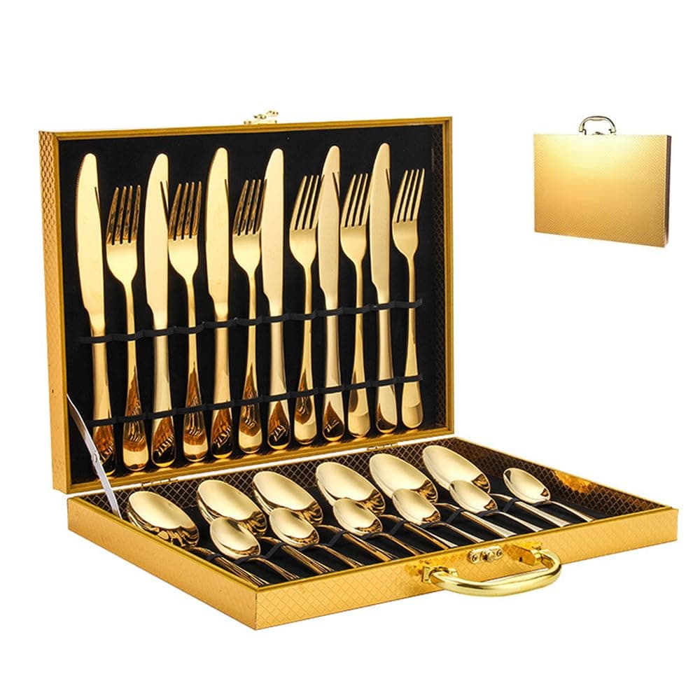 24 Piece Gold Silverware Set with Premium Packing Service for 6 Stainless Steel Cutlery Set, Mirror Polished Flatware Utensil Set (Pack A)