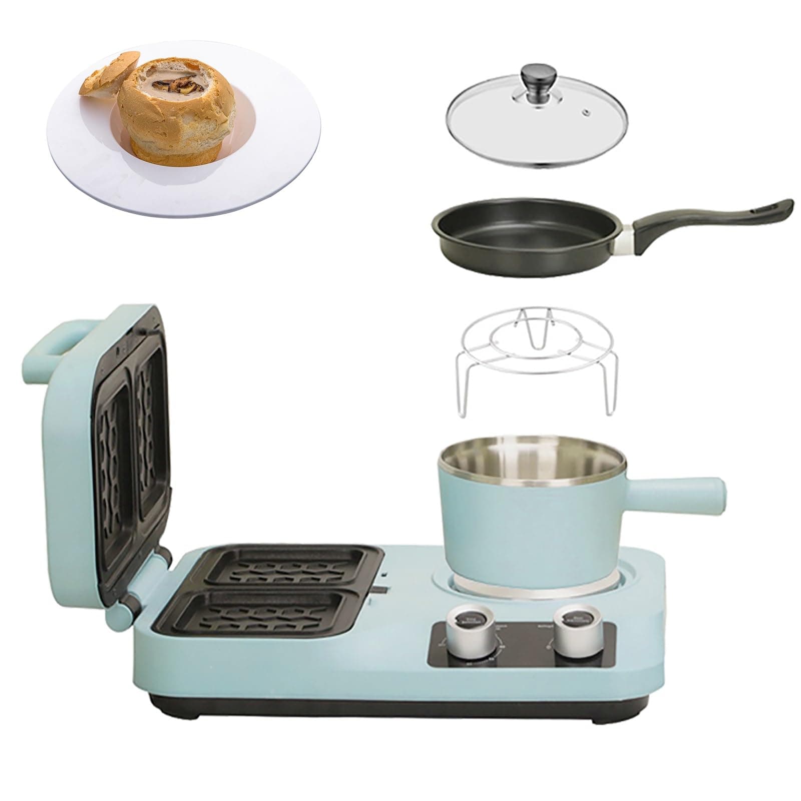 4 In 1 Breakfast Station, Multifunctional Breakfast Maker, Sandwich Maker with Egg Frying Pan, 800W Mini Toaster Sandwich Maker, 304 Stainless Steel Cooking Pot, Non-stick
