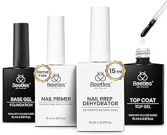Beetles 4 Pcs 15ml Gel Top Coat and Base Coat Set with Nail Dehydrator and Primer Professional Nail Prep Acid-Free & Hema-Free Dehydrate Bond Primer Set for Acrylic & Gel Nail Polish Nail Gifts