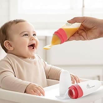 - First Feed Food Feeder for Kids, 90ml Capacity, Premium Soft Silicone Spoon Food Grade BPA Free Material (Red)