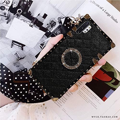 Compatible for Samsung S10 Plus Case,BabeMall Luxury Grid Lattice Shockproof Protective Square PU Leather Back Classic TPU Strap Case with Kickstand - Black