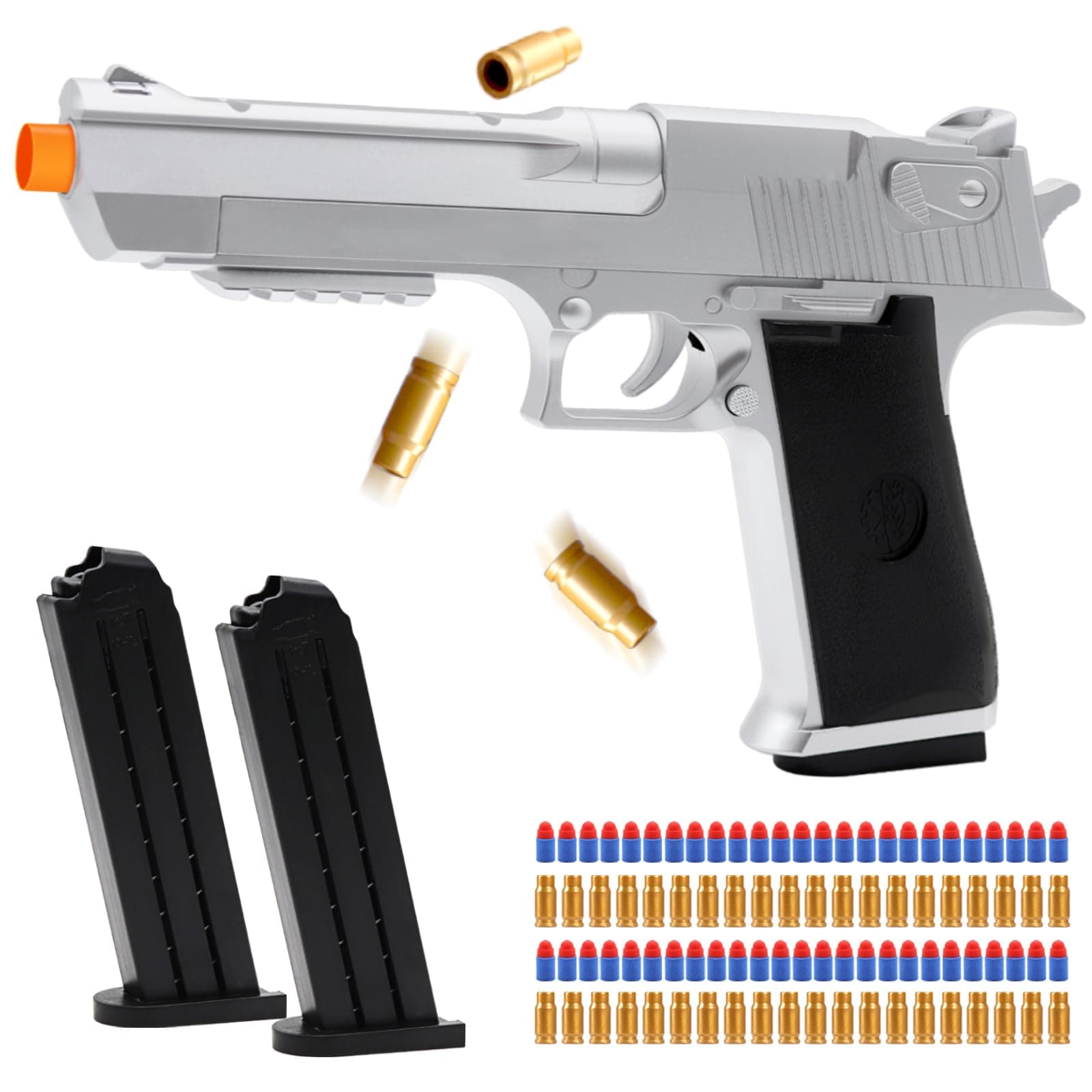 DaoDaoZhu Soft Bullet Toy Gun Pistol with Shell Ejecting for Indoor/Outdoor Shooting Games, Halloween Costume Fake Prop Gun Model, Educational Play Toy Guns, Christmas/Birthday Gifts (Silver)