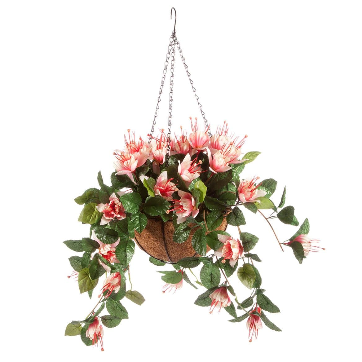 OakRidge Fully Assembled Artificial Fuchsia Hanging Basket, Pink – Polyester/Plastic Flowers in Metal/Coco Fiber Liner Basket for Indoor/Outdoor Use