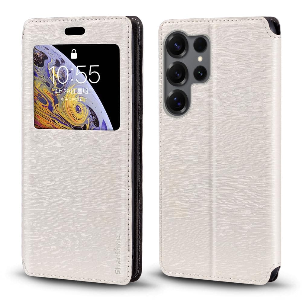 Viewable Window Leather Flip Case Compatible with Samsung Galaxy S26 Ultra 5G, Elegant Design Clear Display Invisible Magnetic Cover and Card Slot(White)