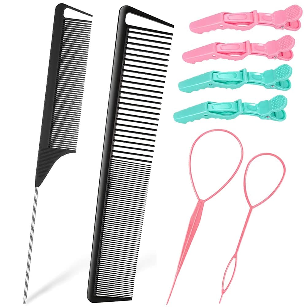 8 Pieces Hair Tail Tools Set Rat Tail Comb Cutting Comb with Wide and Fine Teeth Alligator Styling Sectioning Hair Clips Hair Loop Tool Set, Styling Combs Braid Tool Loop for Women Kids Men
