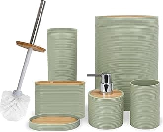 CERBIOR Bathroom Accessories Set 6 Piece Bamboo Bath Ensemble Includes Soap Dispenser, Toothbrush Holder, Toothbrush Cup, Soap Dish for Decorative Countertop and Housewarming Gift, Sriral Green