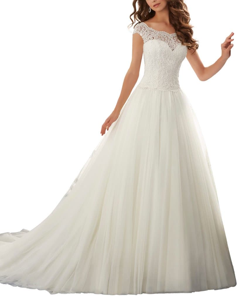 GKD Simple Long A-Line Cap Sleeve Train Lace Wedding Dresses