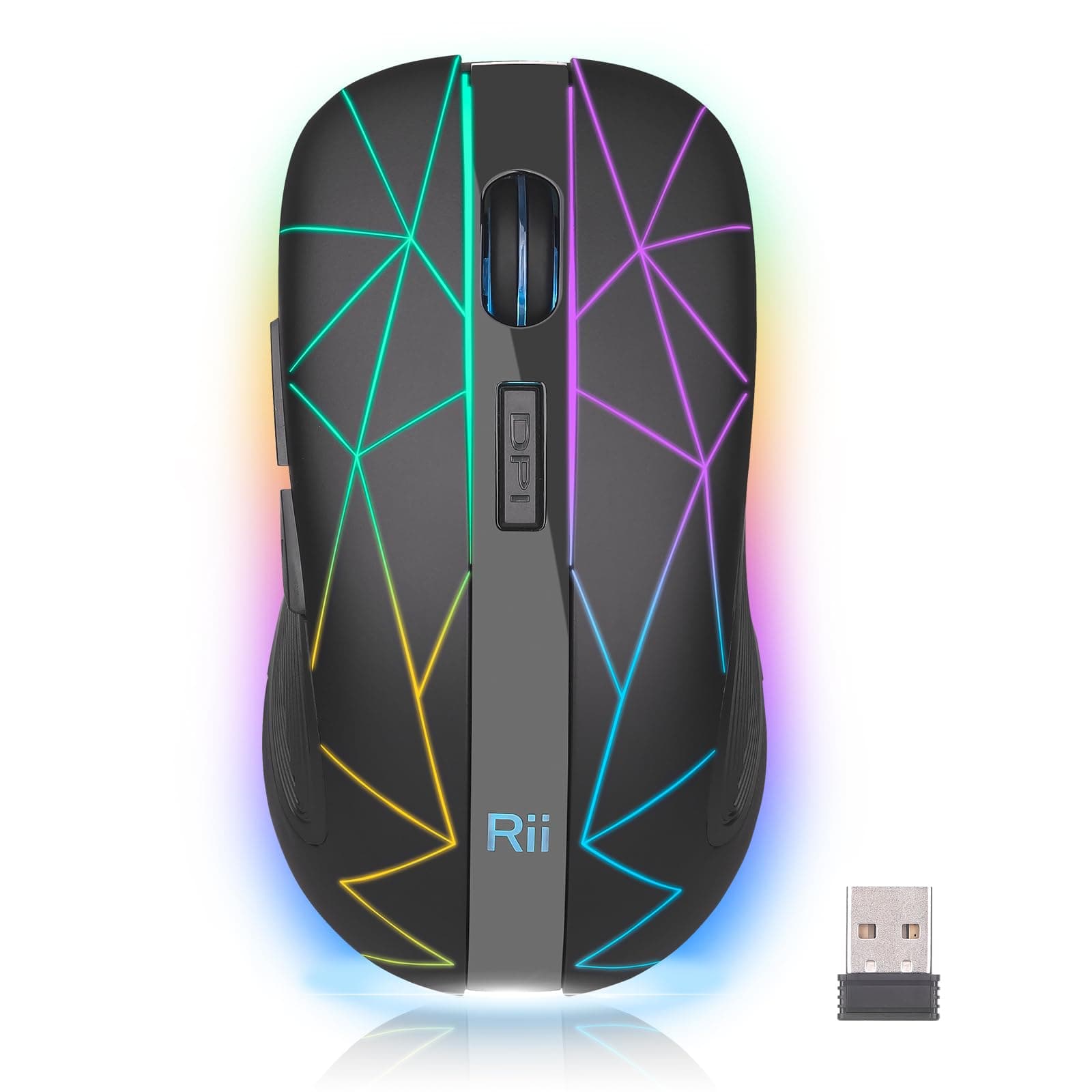 Rii RM200 2.4G Wireless Mouse with USB Nano Receiver, 5 Buttons Rechargeable Mouse,Colorful Backlit RGB Gaming Mouse for Notebook,PC,Computer-Black