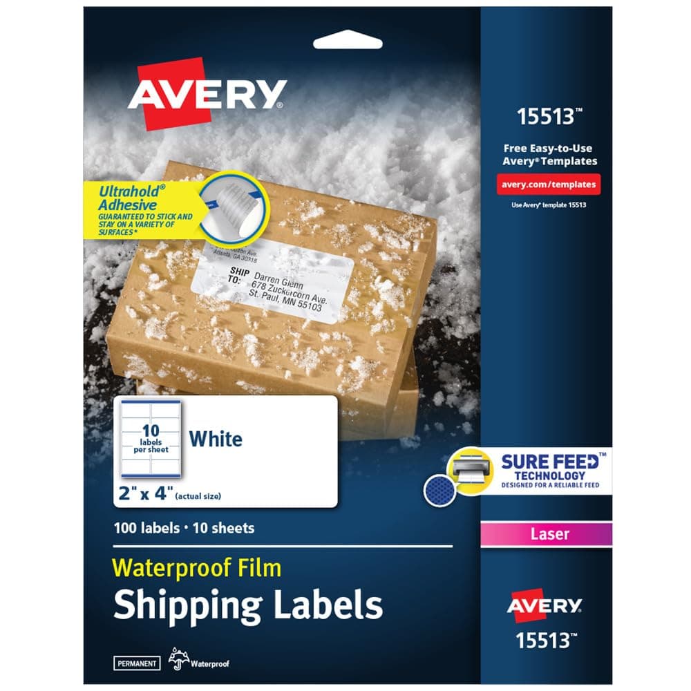 Avery Weatherproof Mailing Labels With Trueblock Technology For Laser Printers 2" X 4", Pack Of 100 (15513), White