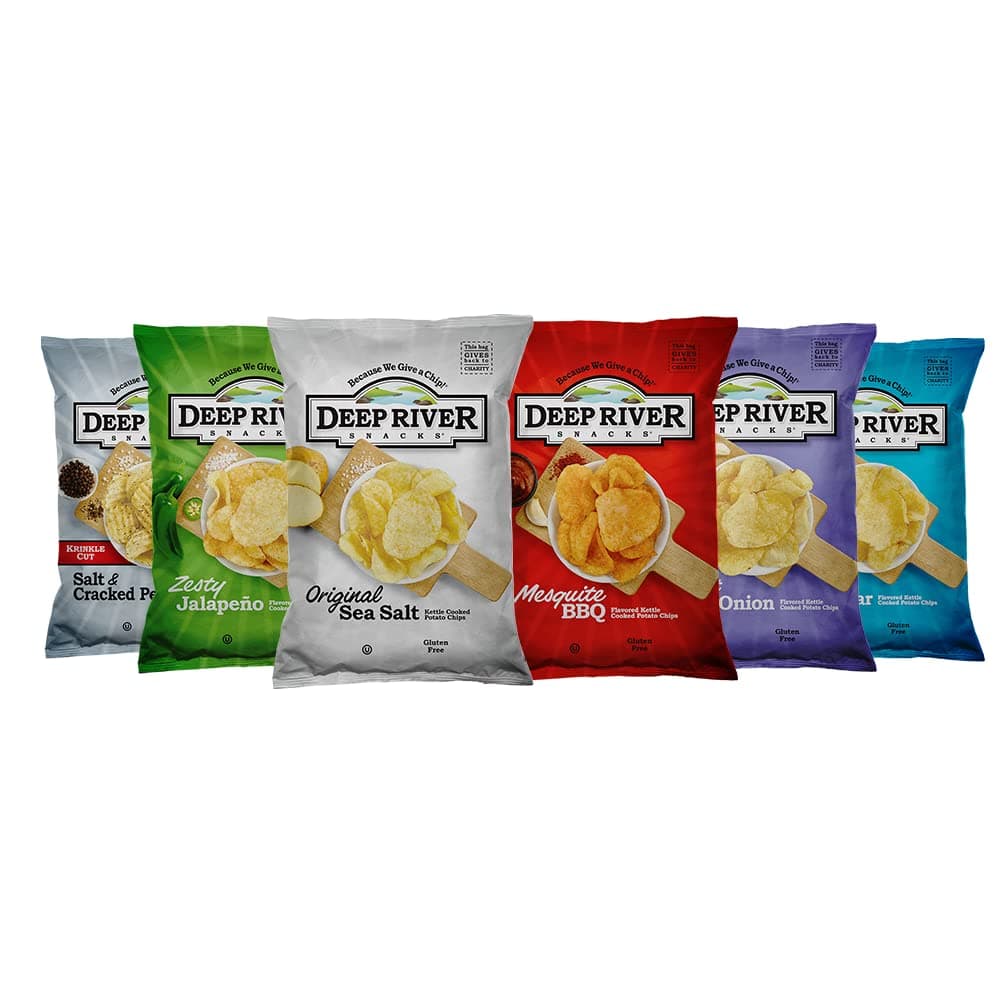 Deep River Potato Chips Variety Pack 6 Flavors 2 oz (24 Pack) - Kosher & Gluten Free, Kettle Cooked Potato Chips, 6 Flavors Assortment, Premium Snack Selection, Ideal for Parties & Gatherings