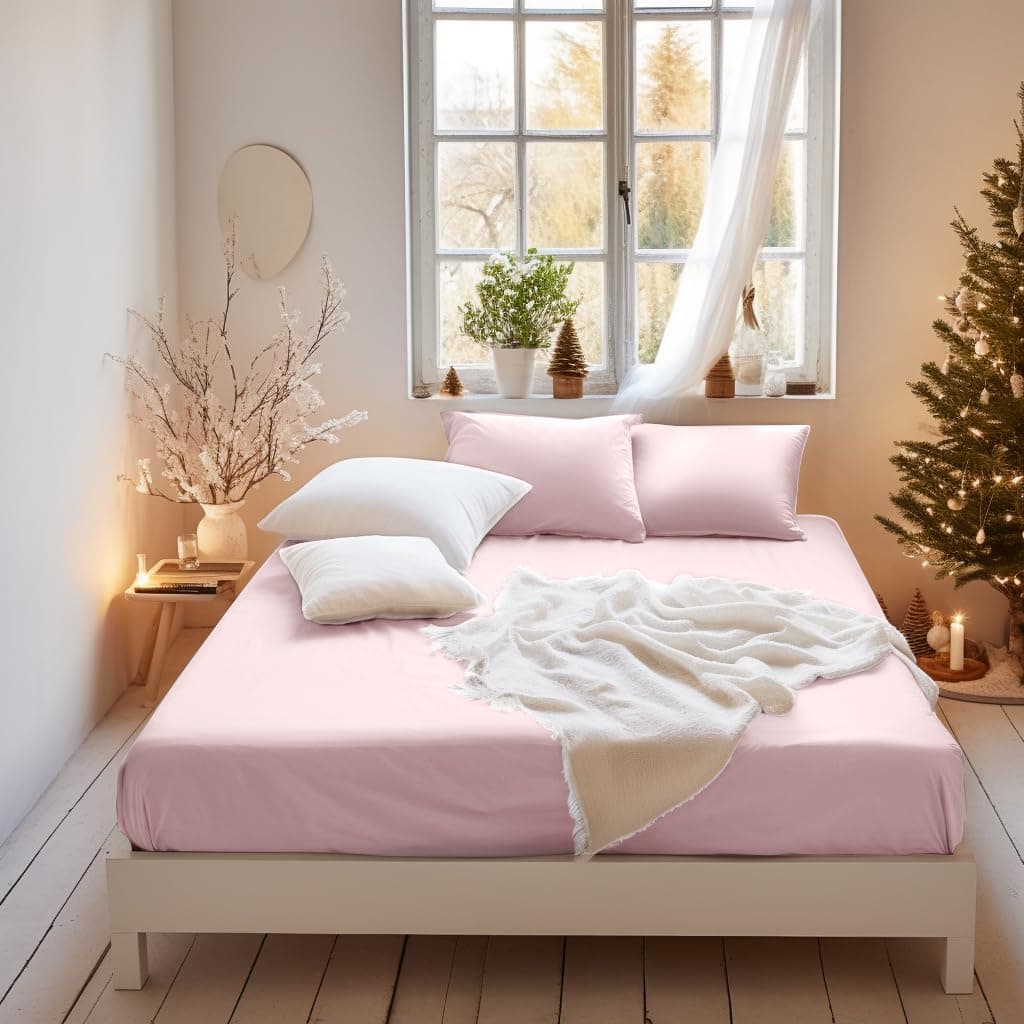 MOHAP Cooling Double Size Fitted Sheet Pink with Extra Deep 30 cm Pocket Bed Sheet Only Bedsheet Brushed Microfiber Bottom Sheet for Double Bed 135x190 Pink