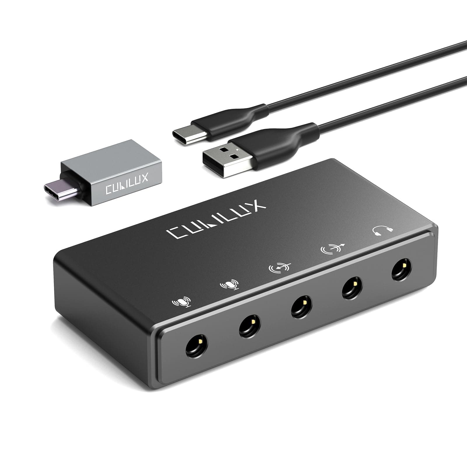 Cubilux CB5 USB Audio Interface Compatible Recording, Streaming, Podcasting, USB to 3.5mm Sound Card Stereo Microphone Input, Line-In, Line-Out & Headphone Jack for Monitors, Support Windows & Mac OS