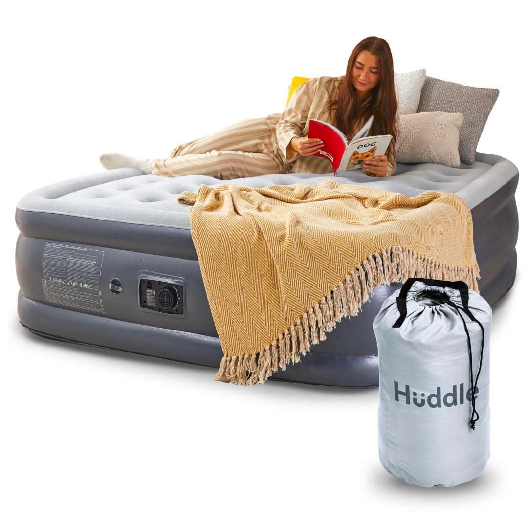 Huddle® Lite Inflatable Air Bed with Built-In Pump – Inflatable Mattress, Comfortable Flocked Top, Raised Height – Blow up bed for Camping, Guests, and Spare Rooms (Single/Double/King)