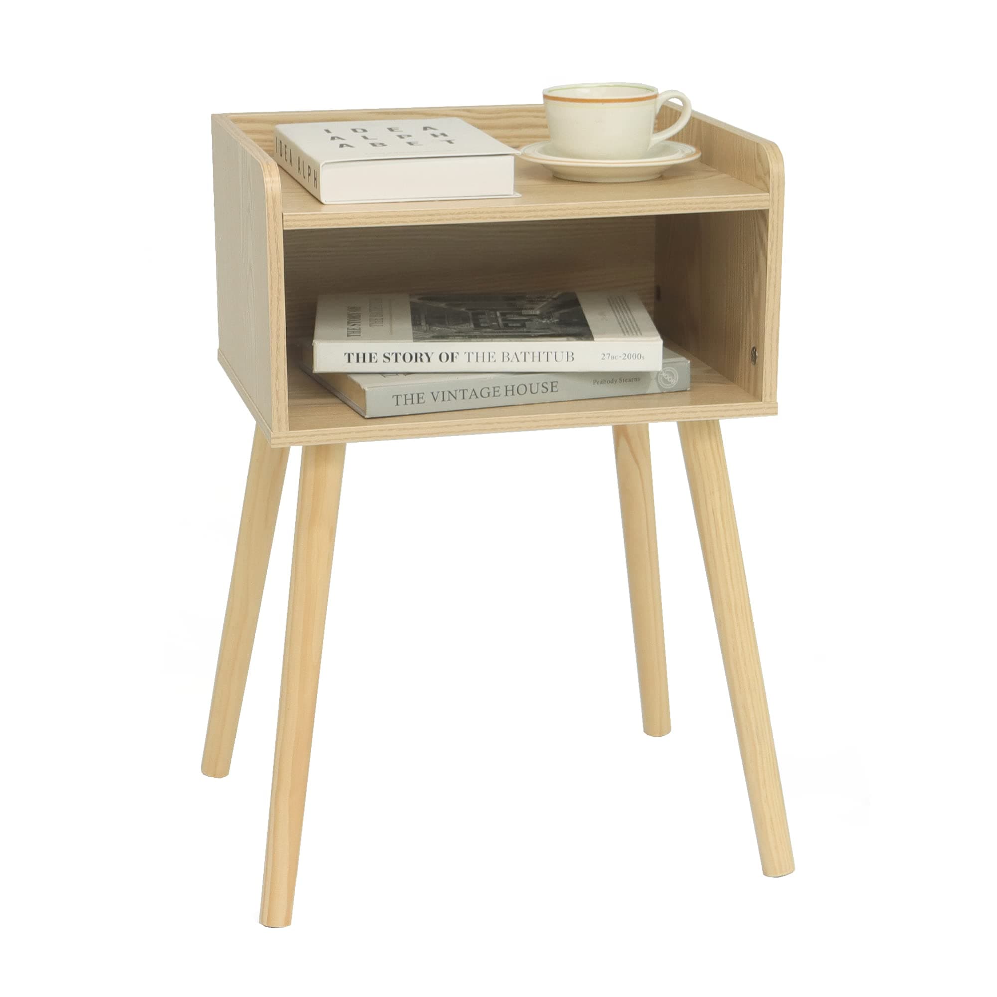 Nightstand, Mid Century Modern Side Table Bedroom with Storage, Small End Bedside Table with Solid Wood Legs for Living Room, Office Small Spaces (Natural)
