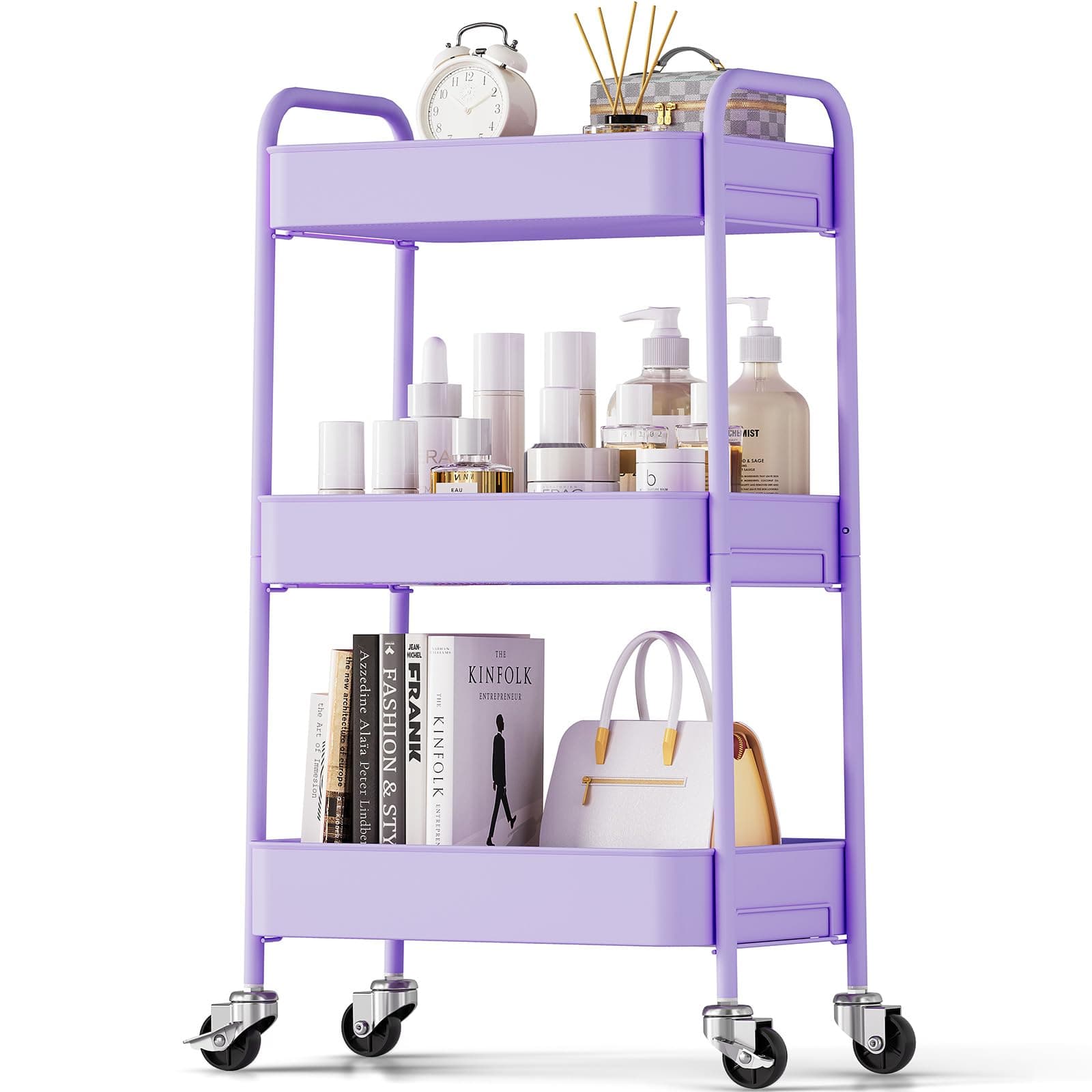 TOOLF 3-Tier Rolling Cart - Metal Utility Storage Organizer with Lockable Wheels, 33 lbs Per Shelf, Tool-Free 5-Min Assembly, for Kitchen Bathroom Office Nursery Craft Room, Purple