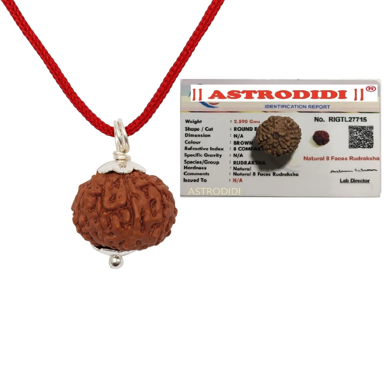 ASTRODIDI 8 Mukhi Rudraksha Original Certified Java Eight Face Small Size Silver Coated Pendant with Lab Report | Astrological Benefits | Unisex Design for Men & Women, standard, Rudraksha, Rudraksha