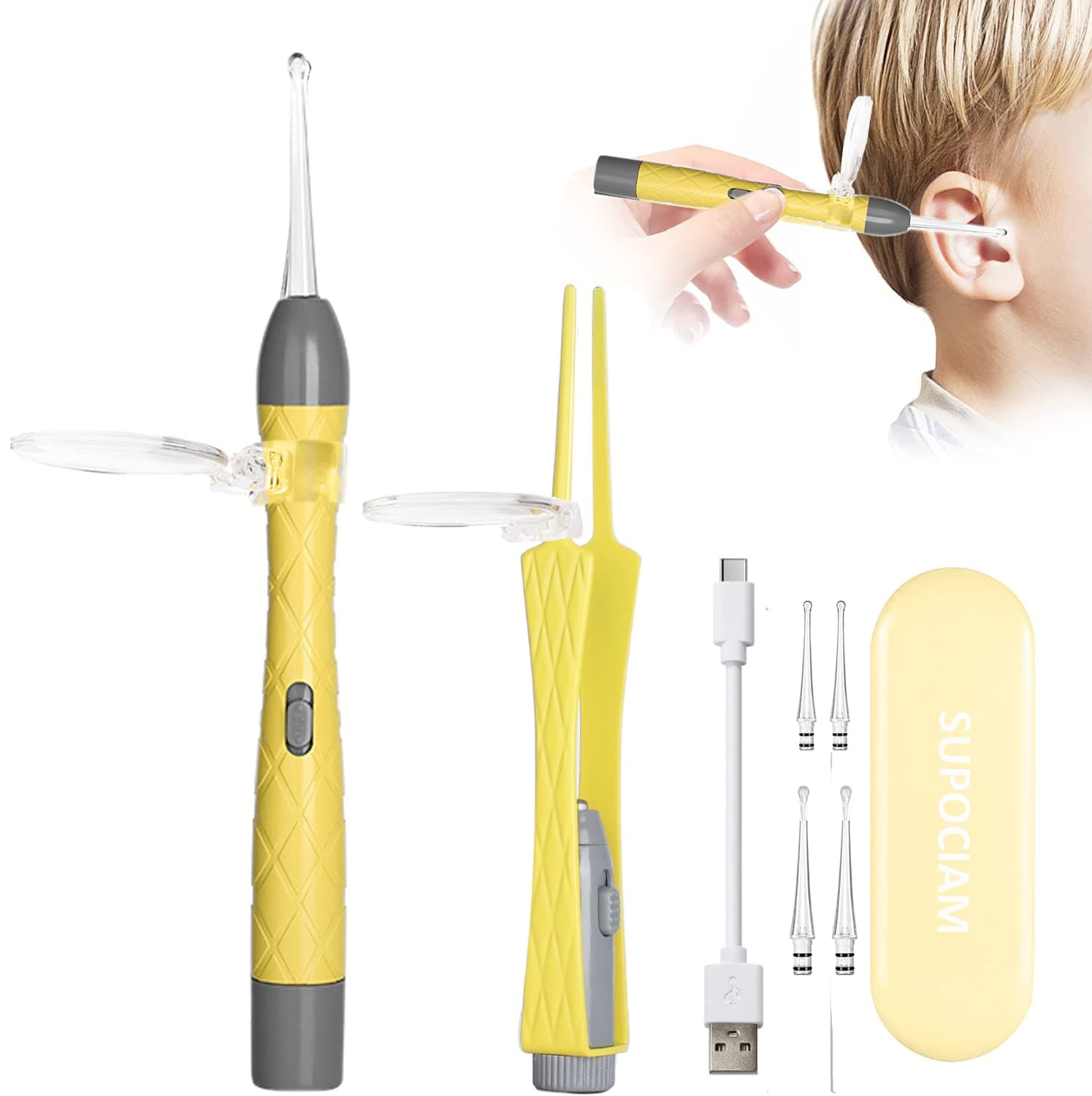 4 in 1 Ear Wax Removal with Magnifier, Visual Ear Cleaner tool with Clamp, Soft Silicone Ear Scoop for Ear Cleaning for Kids
