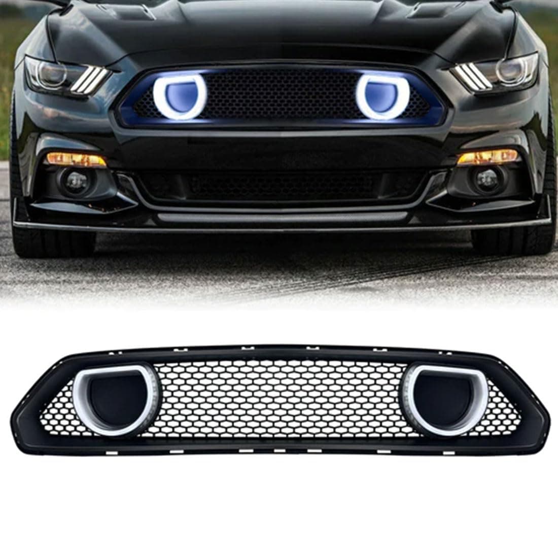 AMERICAN MODIFIED Mach 1 Front Upper Grille with LED White DRL and Amber Turn Signal Lights Compatible with 2018-2023 Ford Mustang