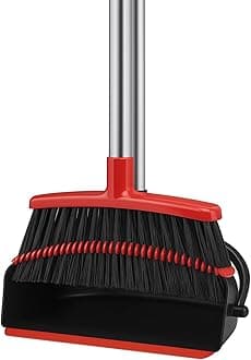 BH | Broom and Dustpan Set Long Handled | Brush with Comb Teeth | Upright Sweeping | Combo for Home Kitchen Room Office Lobby Floor (Black and Red) - By BEST HOUSE