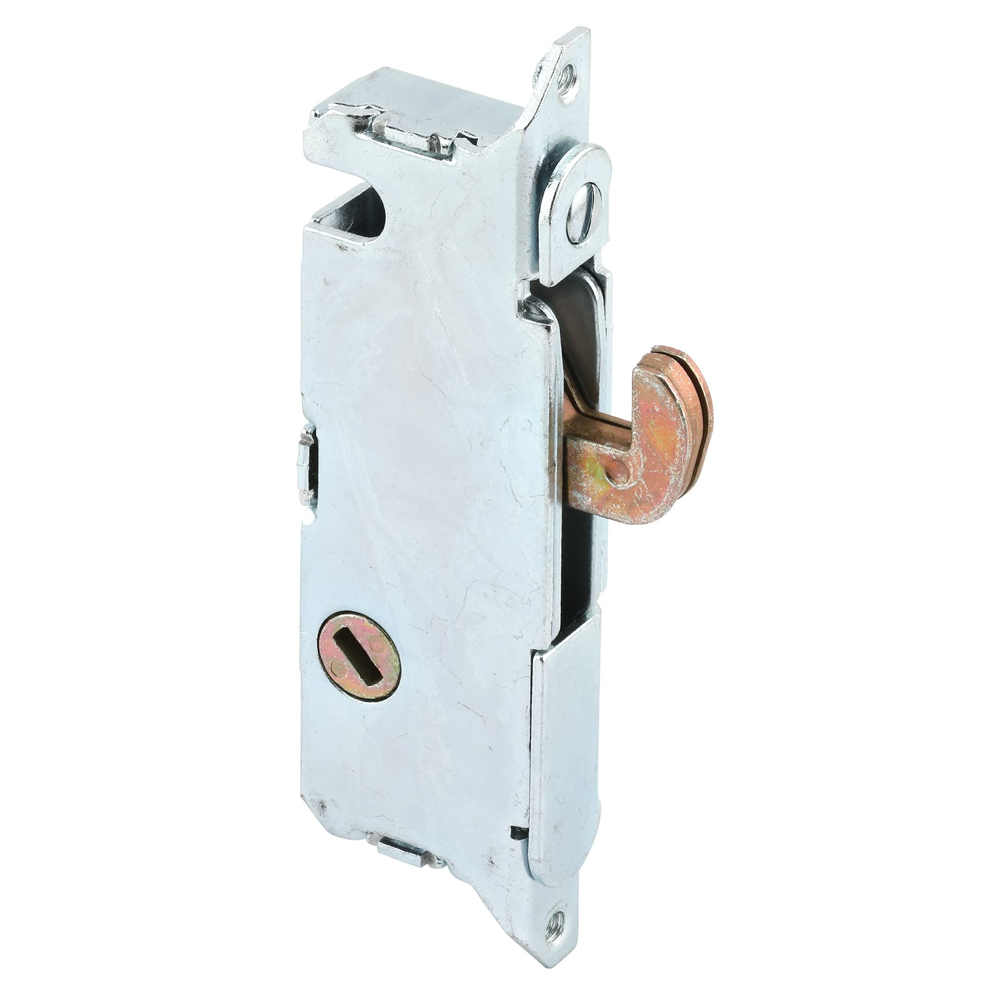 PRIME-LINE E 2014 Mortise Lock - Adjustable, Spring-Loaded Hook Latch Projection for Sliding Patio Doors Constructed of Wood, Aluminum and Vinyl, 3-11/16ââ‚¬Â, 45 Degree Keyway, Round Face