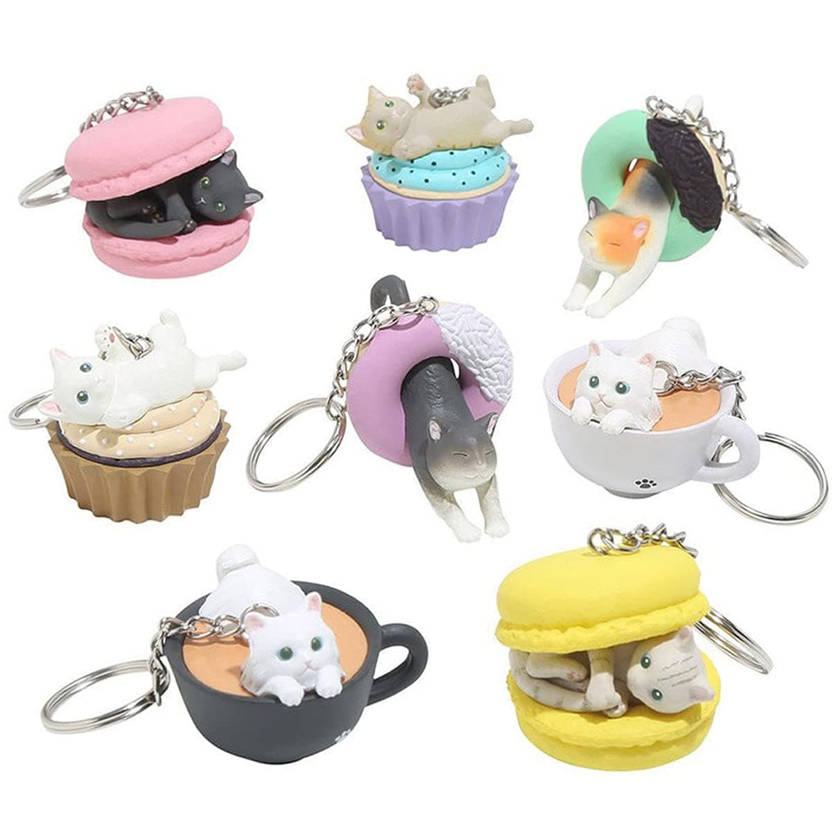 Clever Idiots Cafe du Meow Dessert Cat Keychains - Includes All 8 Collectable Figurines - Features a Detachable Keyring - Authentic Japanese Design - Durable Plastic