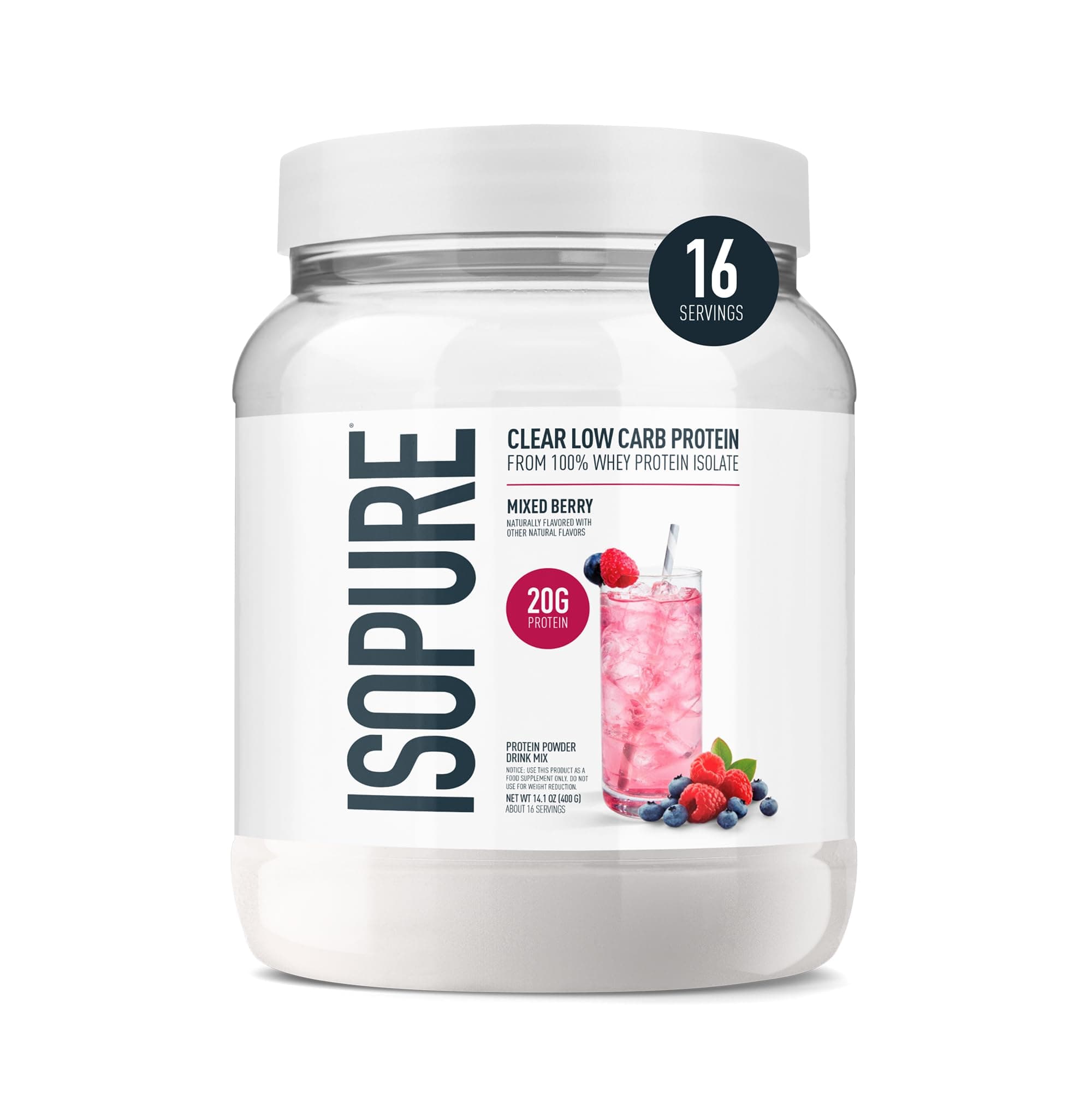 Protein Powder, Clear Whey Isolate Protein, Post Workout Recovery Drink Mix, Gluten Free with Zero Added Sugar, Infusions- Mixed Berry, 16 Servings