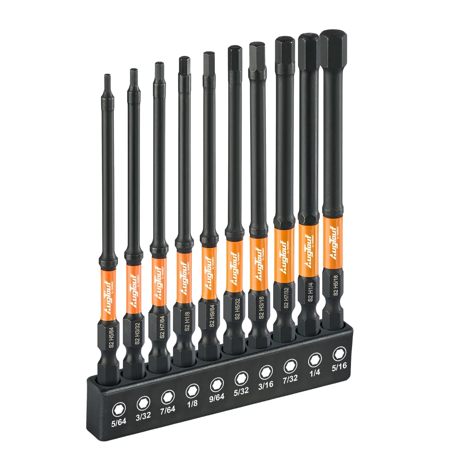 Impact Hex Head Allen Wrench Drill Bit Set 10pcs (SAE), 1/4" Hex-Shank S2 Steel Hex Bits Set, CNC Machined Tips with Magnetism, 4" Long with Storage Box