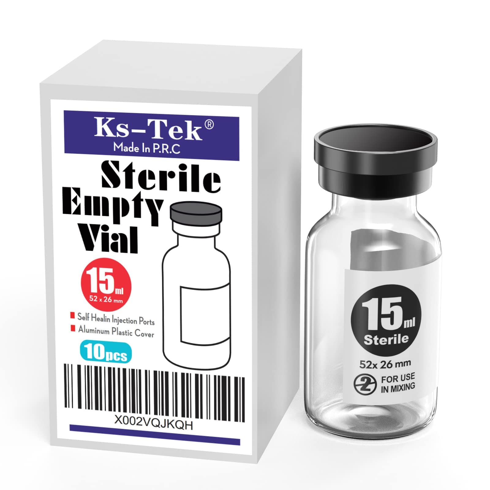 Ks-Tek Sterile Empty Vials with Self Healing Injection Port,with Flip Off Aluminum Cap,Sterile Package (15ml,10)