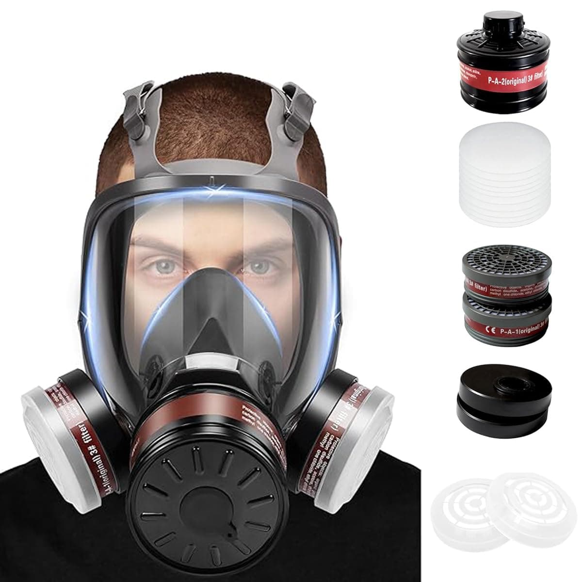 Serplex® Gas Masks with 10 Replacement Activated Carbon Filter Sheets, Gas Mask for Men, Reusable Full Face Respirator Mask Reusable Respirator Mask for Painting, Woodworking, Construction, Spraying