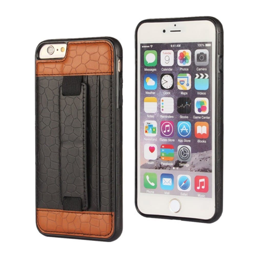 iPhone 6/6S (4.7”) Case, Multi-functional Elastic Band Strap for Safety Use, Two Card Slots, Apple iPhone 6/6S Wallet Case, PU Leather Case, Hand Grip, Kick Stand (Black/Tan)