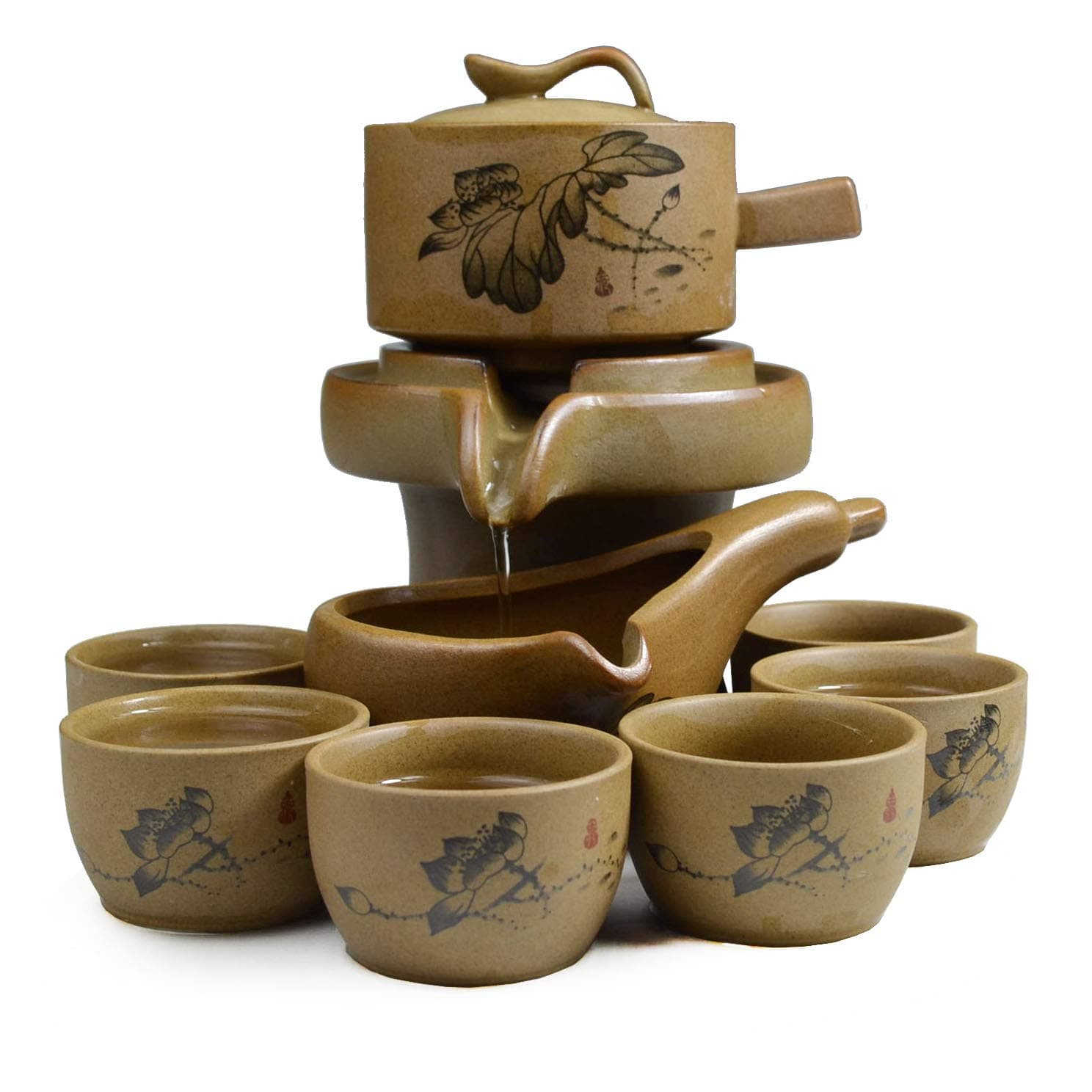 Chinese Gongfu Tea Gift Set, Service Automatic Stone-Mill Design Handmade Ceramics Tea Pot 6 Cups Japanese Kung Fu Tea for Adults Men Women Tea Ceremony Party Home Office Decor (lotus)