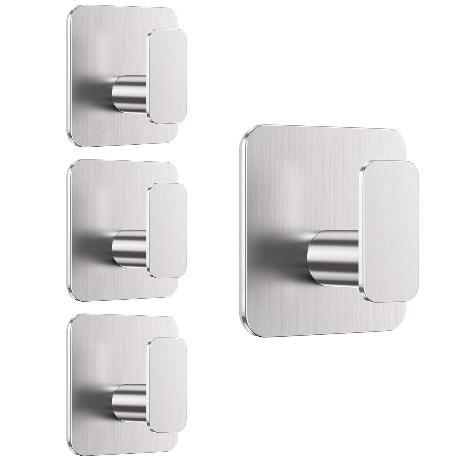 Aikzik Silver Hooks for Hanging Heavy Duty, Adhesive Hooks for Shower, Bathroom, Kitchen, Robe, Towel, Coat, Waterproof & Rustproof Hook for Walls No Damage, Sticky Wall Towel Hooks - 4 Pack