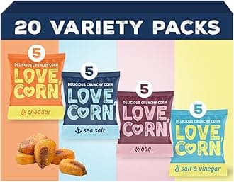 LOVE CORN Family Favorite Sea Salt, BBQ, Salt & Vinegar, Cheddar | Delicious Crunchy Corn Snacks | .07oz x 20 Gluten Free, Vegan Bags | Convenient for Lunch Boxes, Commuting & Office Snacks